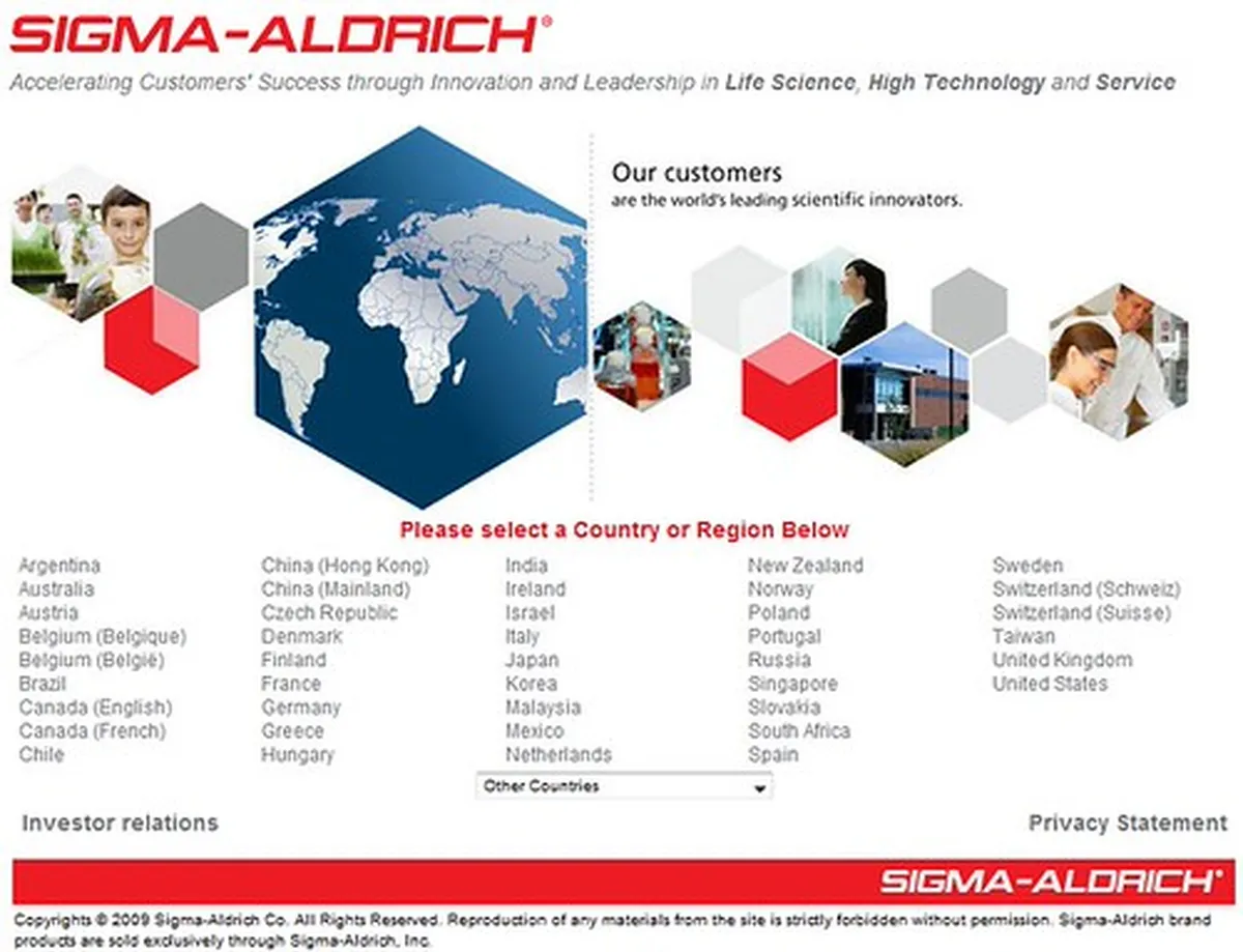 Sigma Aldrich geo splash screen, content, delivery, geo, international, ip, location, seo, targeting