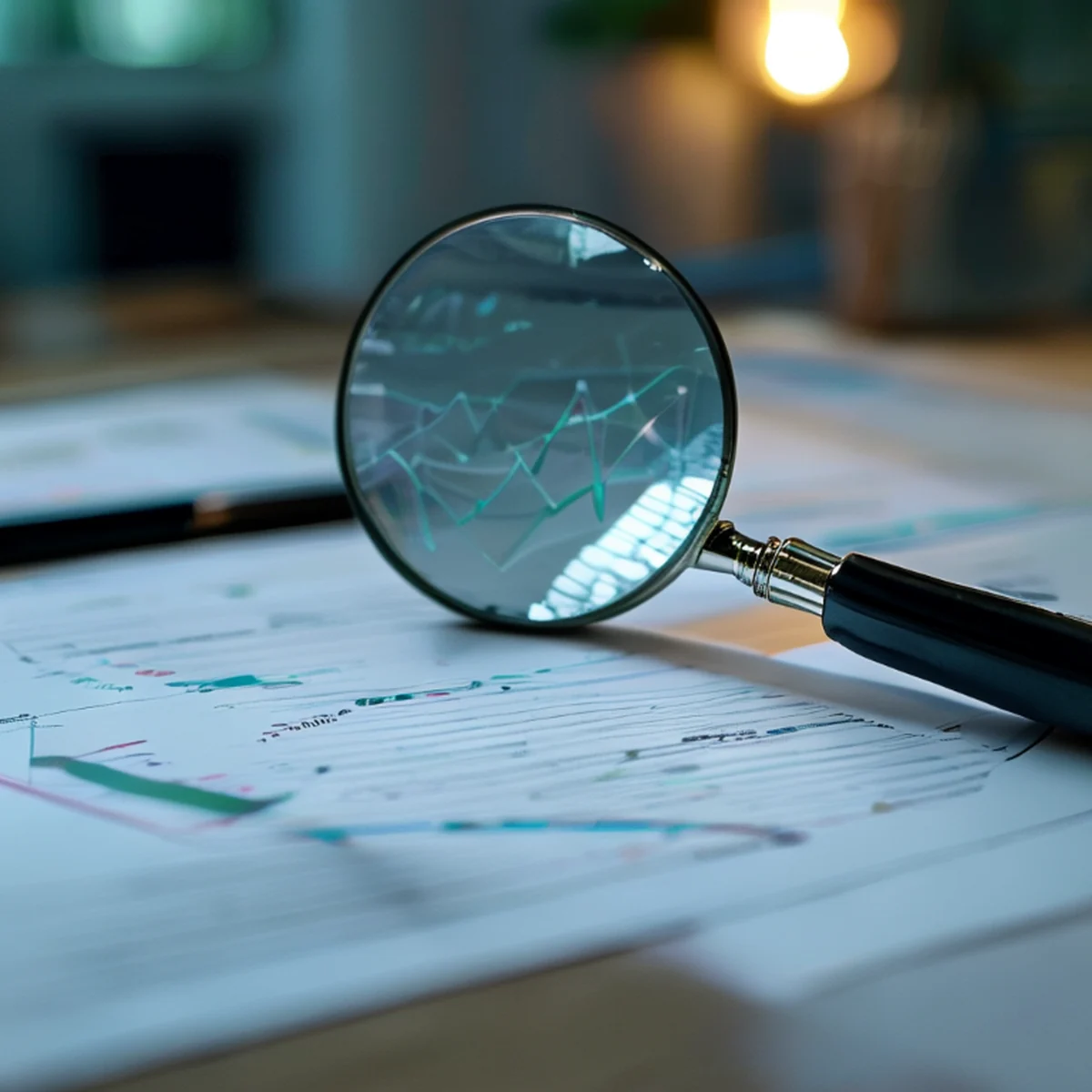 Lupa analizando contenido y métricas de crecimiento para estrategia de contenido.