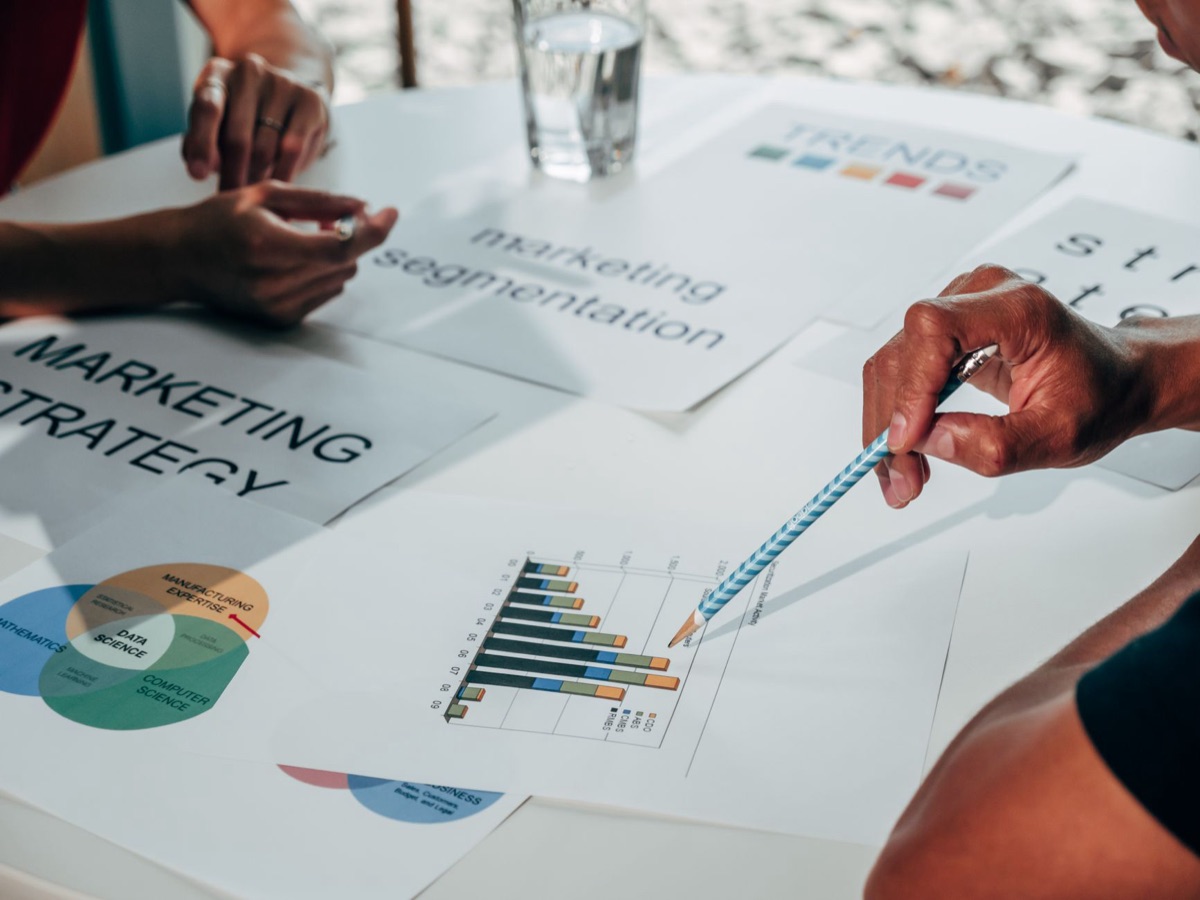 marketing strategy board with charts and graphs
